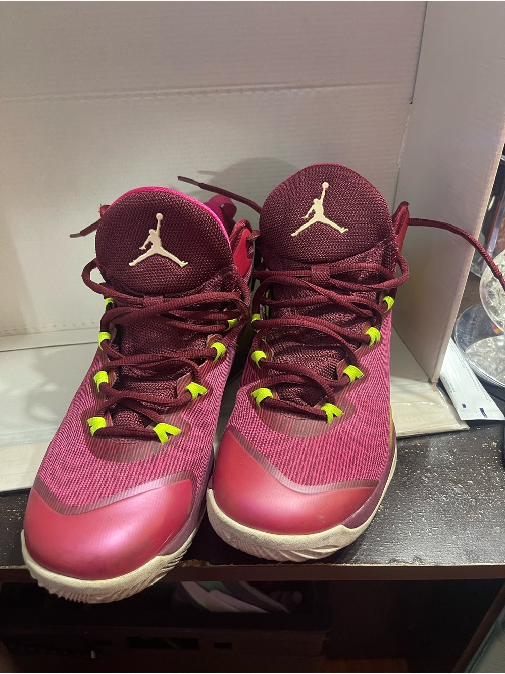 Wardrobe Department STAR Find- Jordan Maroon and Neon Yellow Basketball Sneakers